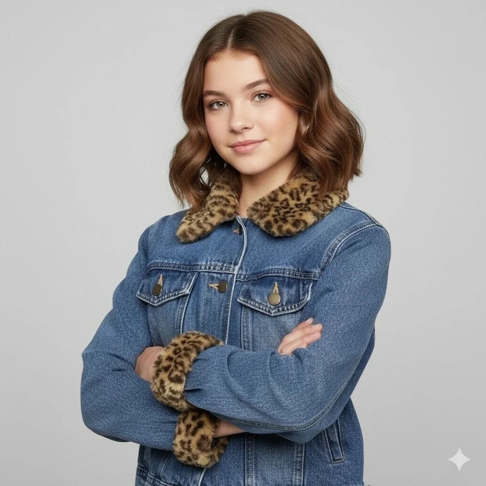 Girls‎ Denim Jacket Leopard Print Fur Collar Cuffs Quilted Lined Blue